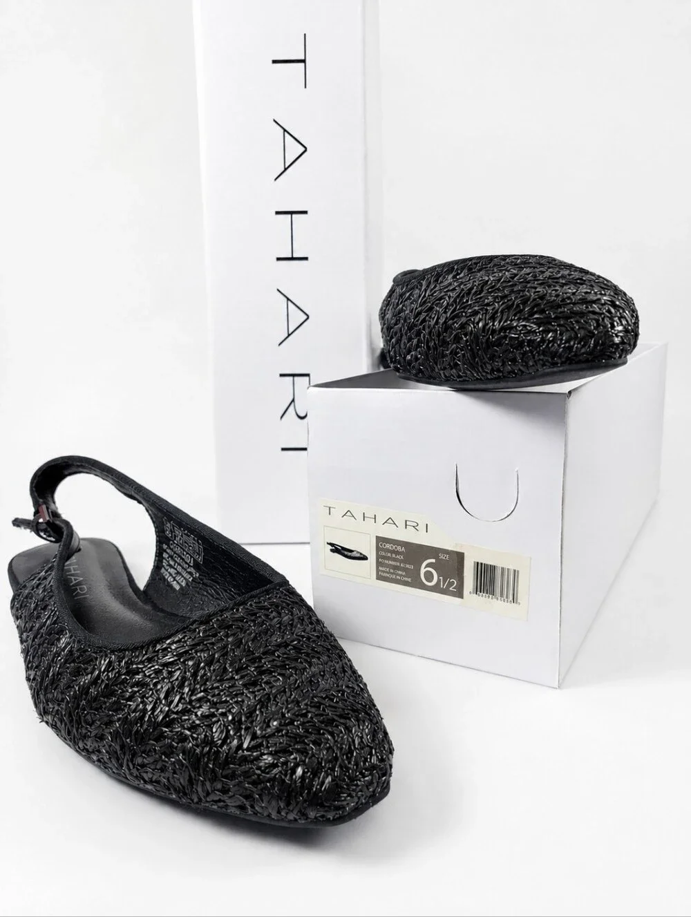 Tahari Cordoba Black Woven Pointed Toe Slingback Flats Multiple Sizes